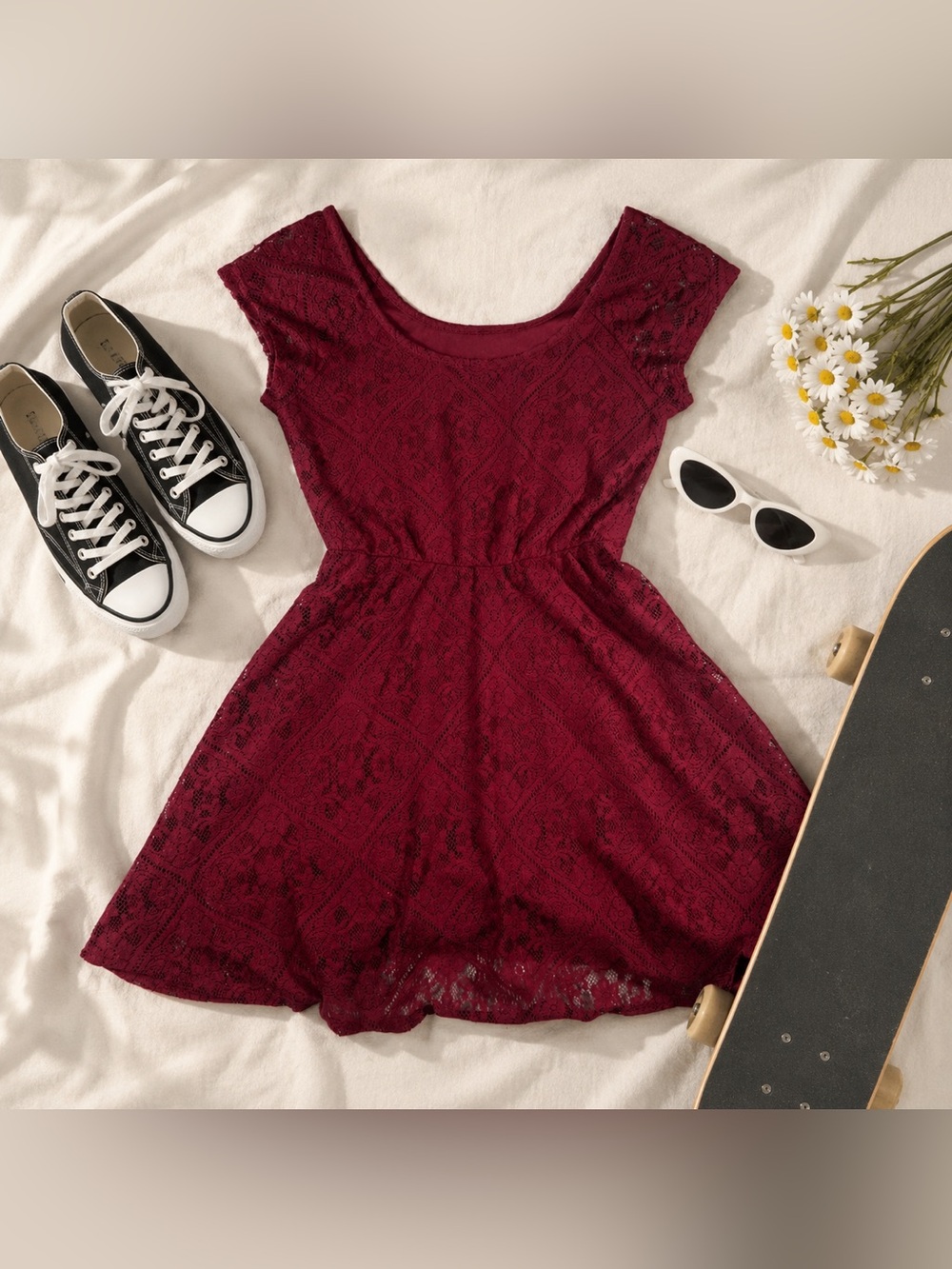 Charlotte Russe Lace Fit Flare Skater Dress Burgundy Short Sleeve Women’s S